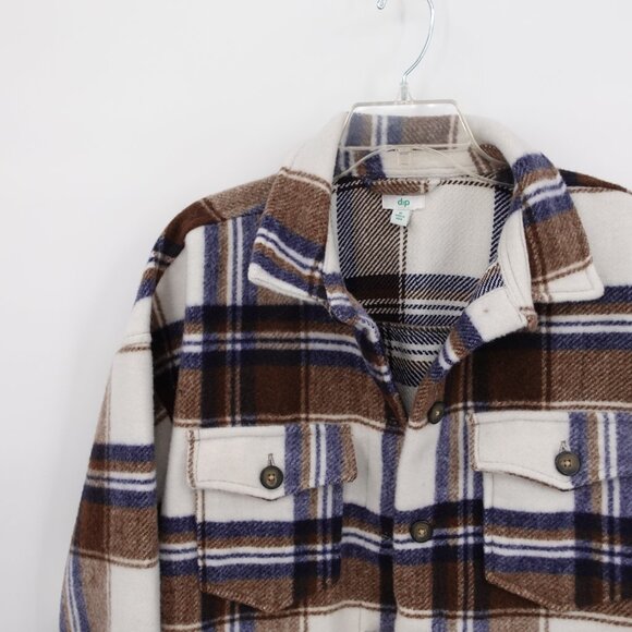 Oversized Plaid Shacket Brown Tan and Blue Medium - Picture 9 of 11